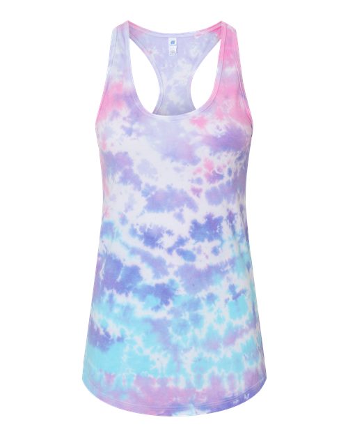 Women's Tie-Dyed Racerback Tank Top Cotton Candy front view for custom printing
