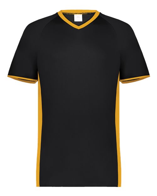 Youth Cutter V-Neck Jersey Black/ Gold front view for custom printing
