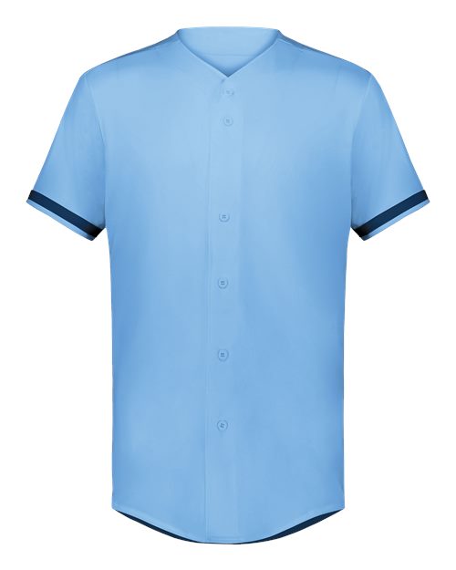 Unisex Full Button Baseball Jersey Columbia Blue/ Navy front view for custom printing