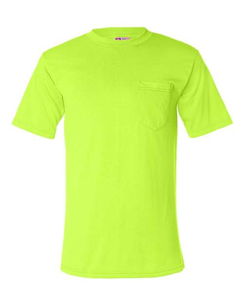 Unisex USA-Made 50/50 Pocket T-Shirt Safety Green front view for custom printing