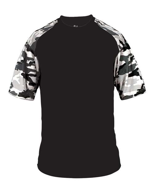 Youth Camo Sport T-Shirt Black/ White Camo front view for custom printing