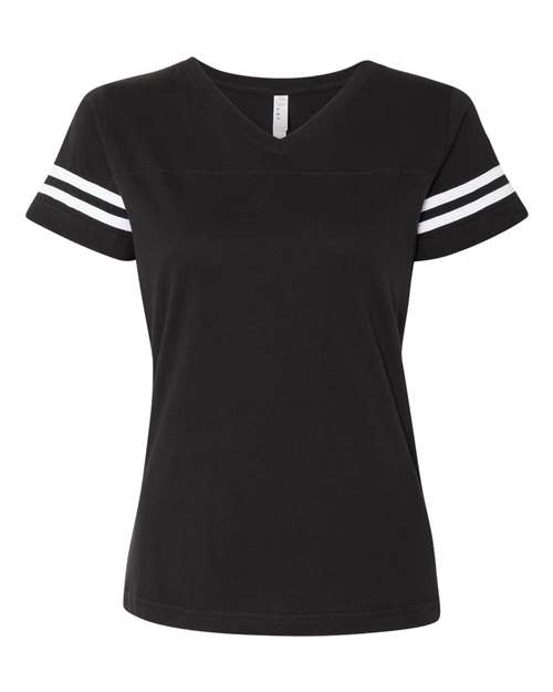 Women's Football V-Neck Fine Jersey Tee Black Solid/ White front view for custom printing