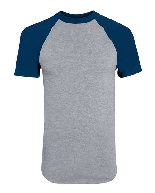 Youth Raglan Baseball Jersey Athletic Heather/ Navy front view for custom printing