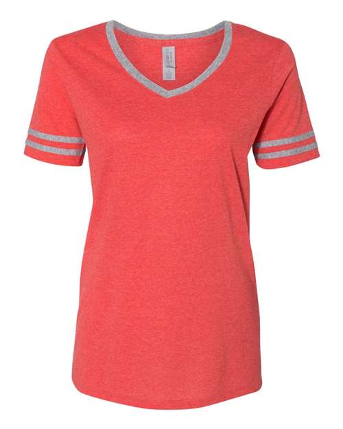 Women's Varsity Triblend V-Neck T-Shirt Fiery Red Heather/ Oxford front view for custom printing