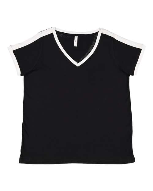 Women's Curvy Retro Ringer Premium Jersey V-Neck Tee Black/ White front view for custom printing