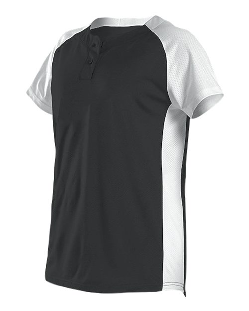 Girls' Two Button Fastpitch Jersey Black/ White front view for custom printing