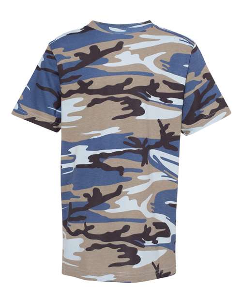 Youth Camouflage T-Shirt Blue Woodland front view for custom printing