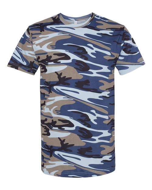 Men's Camo Tee Blue Woodland front view for custom printing