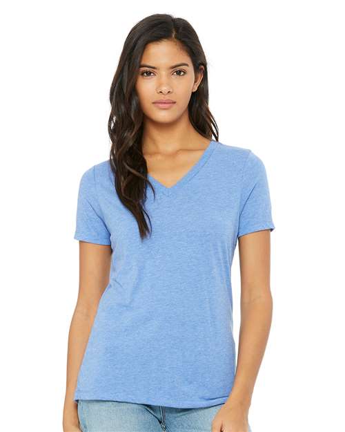 Women's Relaxed Triblend V-Neck Tee Blue Triblend front view for custom printing