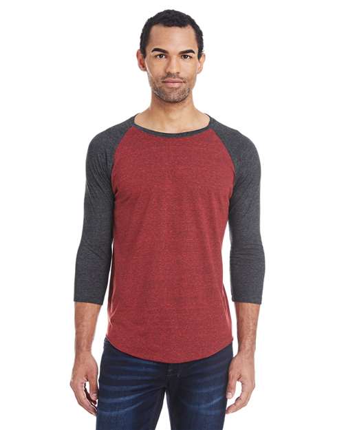 Unisex Triblend Three-Quarter Sleeve Raglan T-Shirt Cardinal Black/ Black Triblend front view for custom printing