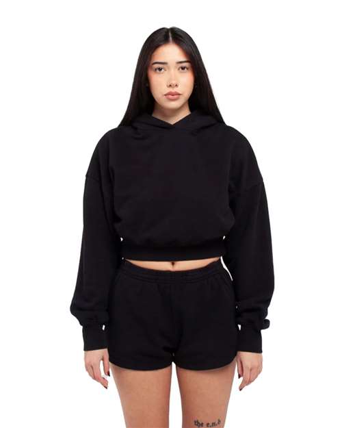 Women's Garment-Dyed Crop Hooded Sweatshirt Black front view for custom printing