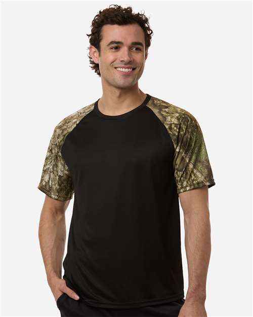 Unisex Realtree Performance Colorblock T-Shirt Camo/ Black front view for custom printing