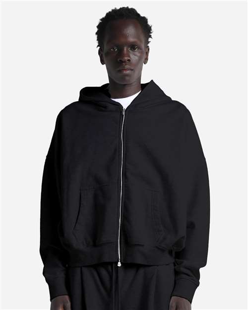 Unisex Garment-Dyed Cropped Full-Zip Hooded Sweatshirt Black front view for custom printing