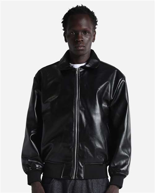 Unisex PU Leather Collared Varsity Jacket Black front view for custom printing