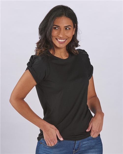 Women's Puff Sleeve T-Shirt Black front view for custom printing
