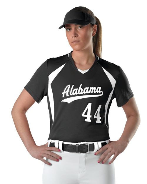 Girls' Short Sleeve Fastpitch Jersey Black/ White front view for custom printing