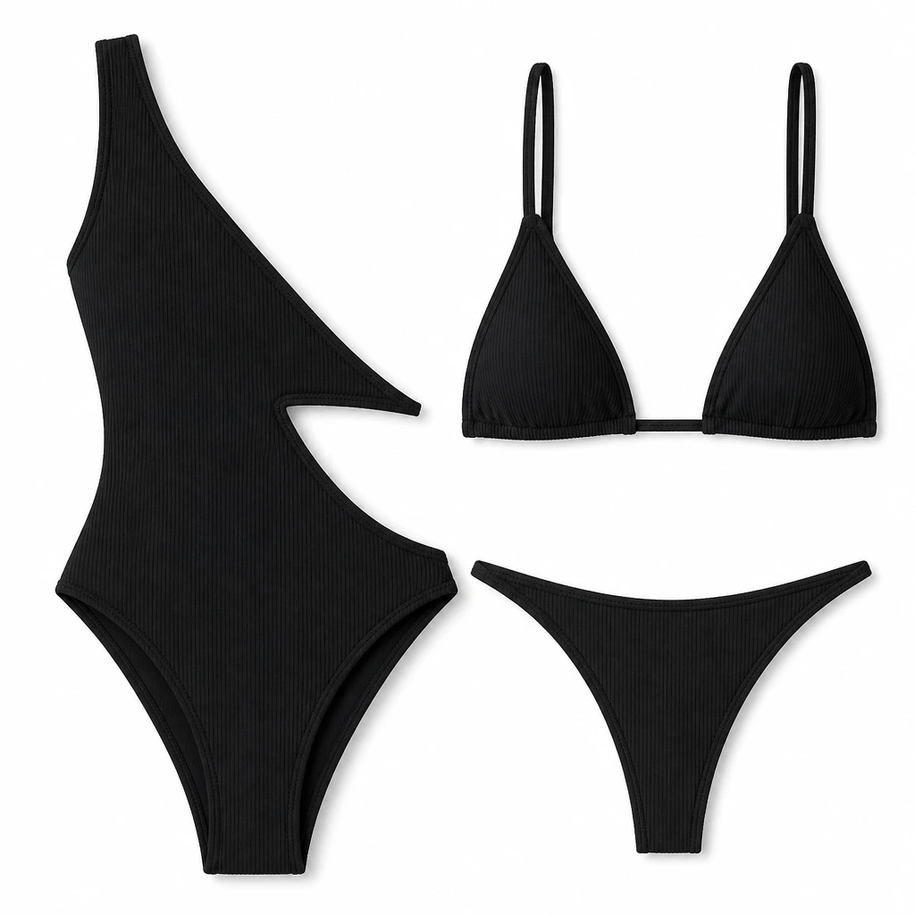 3 Piece Ribbed Color-block Bikini Black front view for custom printing