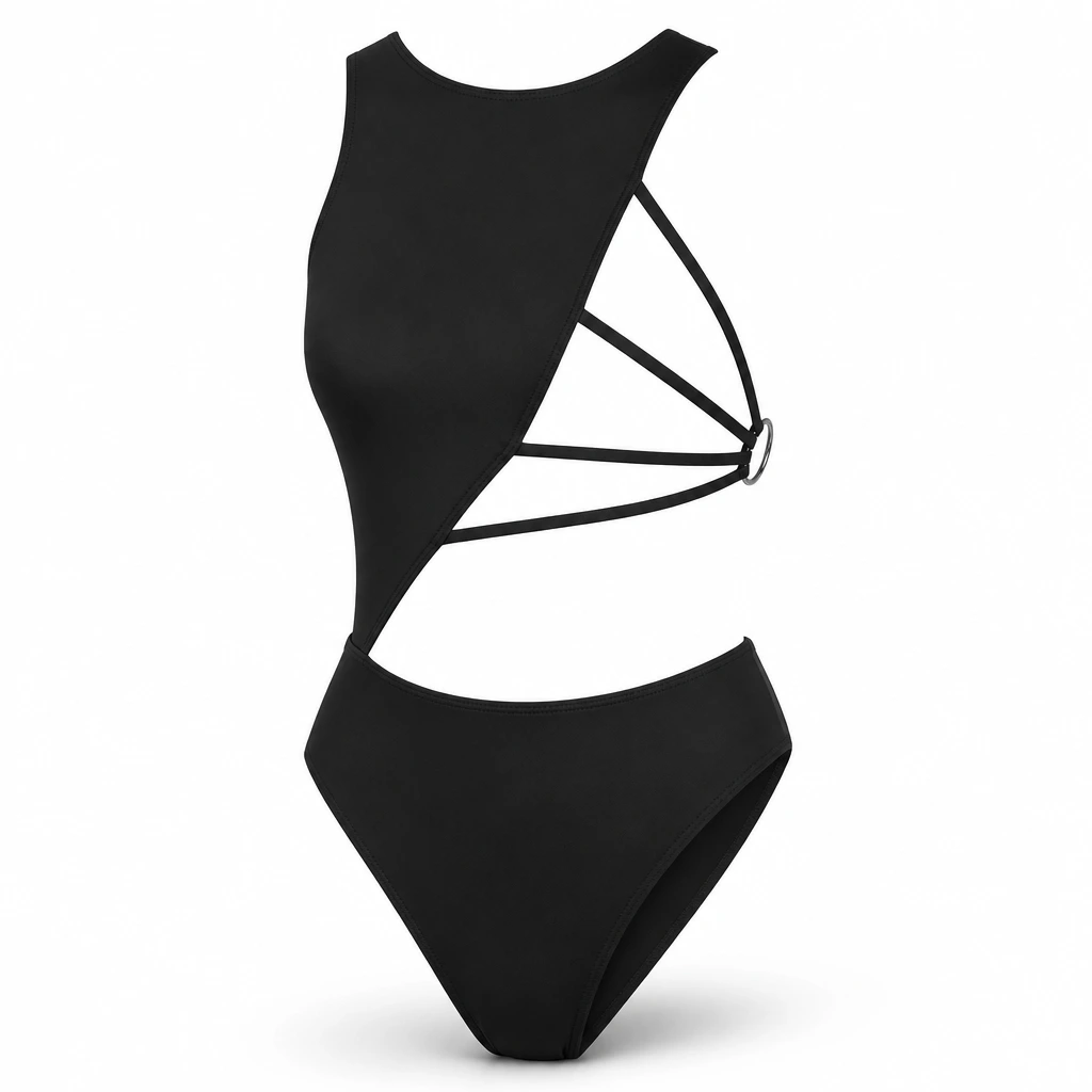 Asymmetric Cutout O-Ring One Piece Bikini Black front view for custom printing