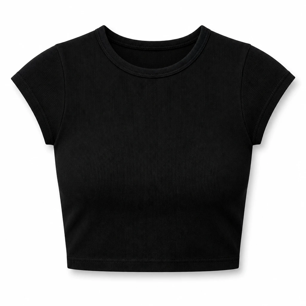 The Reserve Collection 43035 Cap Sleeves Baby Rib Crop Top Black front view for custom printing