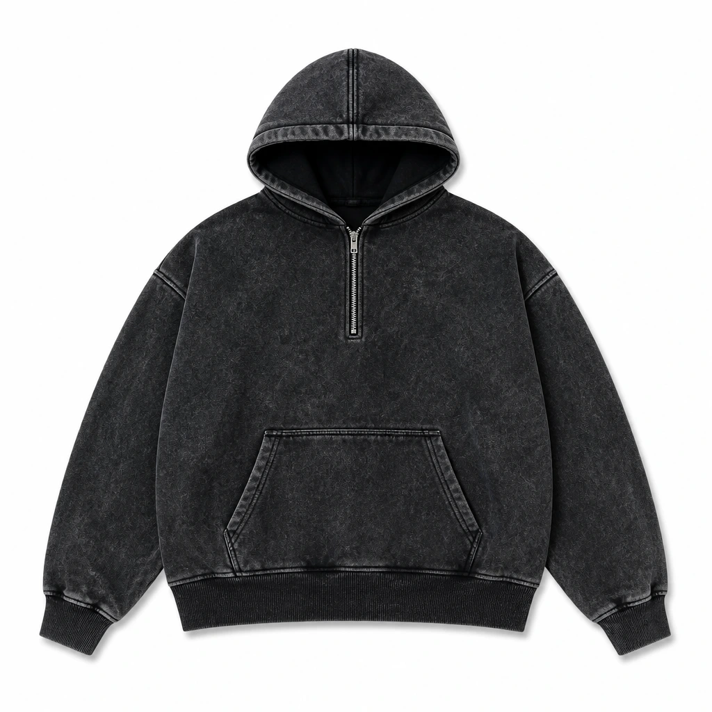The Reserve Collection BH607 Crystal Wash 1/4 Zip Boxy Hoodie Black front view for custom printing