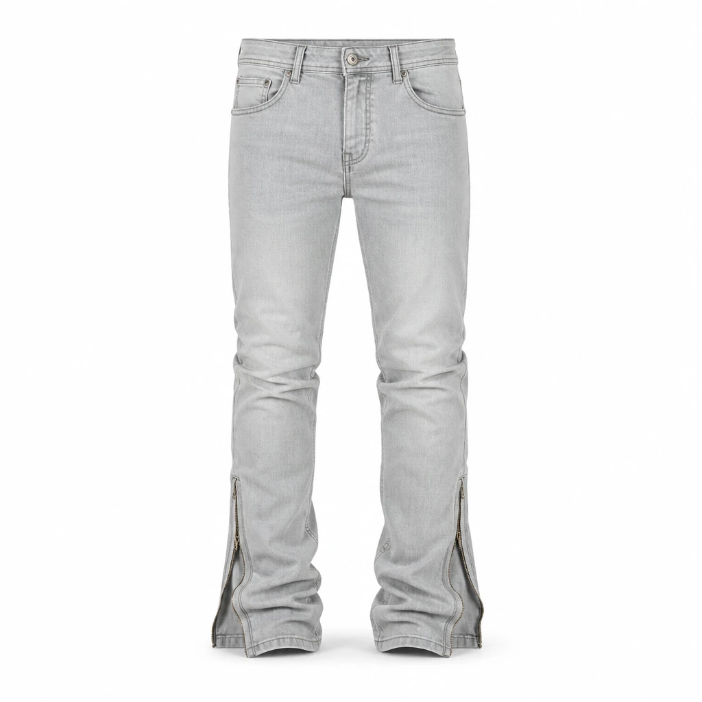The Reserve Collection 100-605 Denim Stacked Pants with Zipper Gray front view for custom printing
