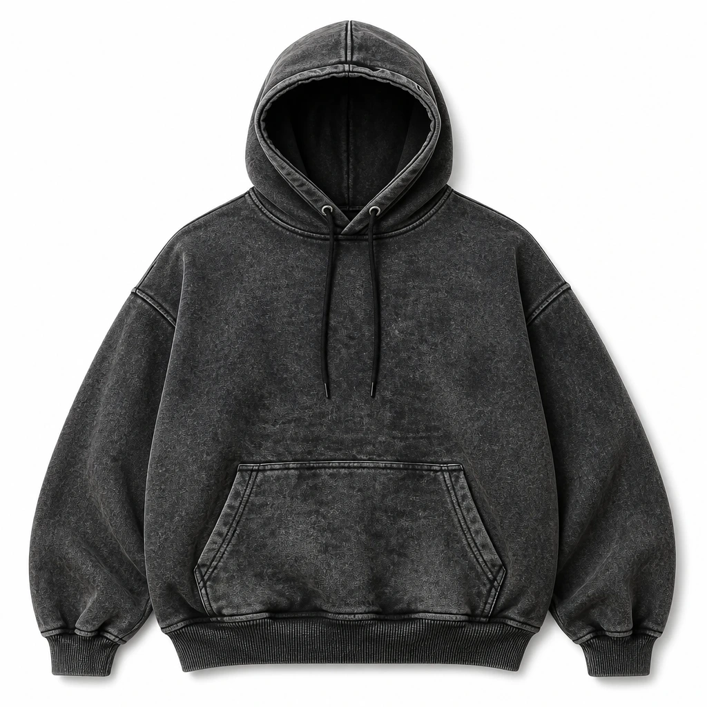 The Reserve Collection BH402 Foreman Boxy Acid Wash Hoodie Black front view for custom printing