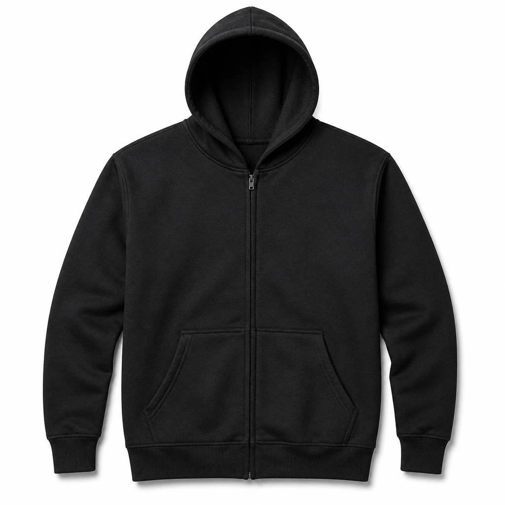Full Zip Hoodie Black front view for custom printing