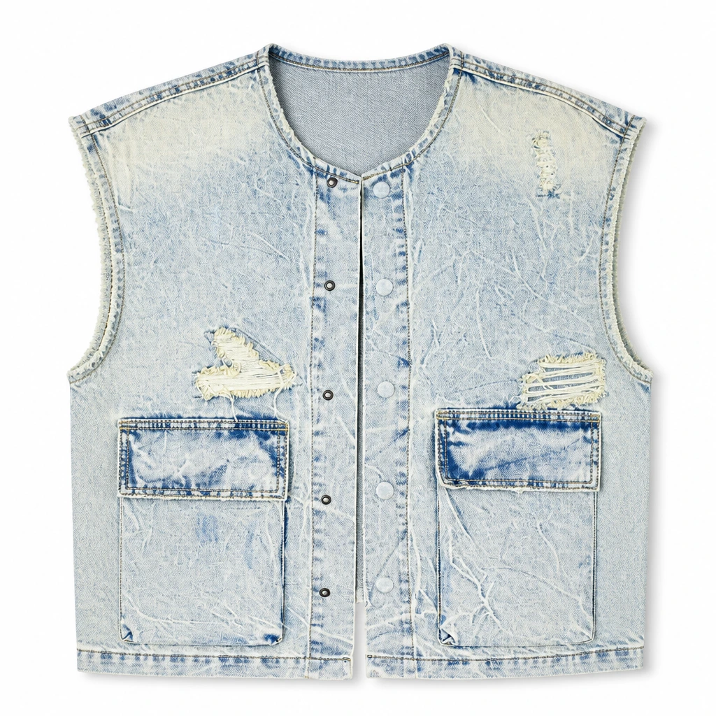 The Reserve Collection 651-562 Grunge Denim Vest [Cropped Fit] Light Vintage front view for custom printing