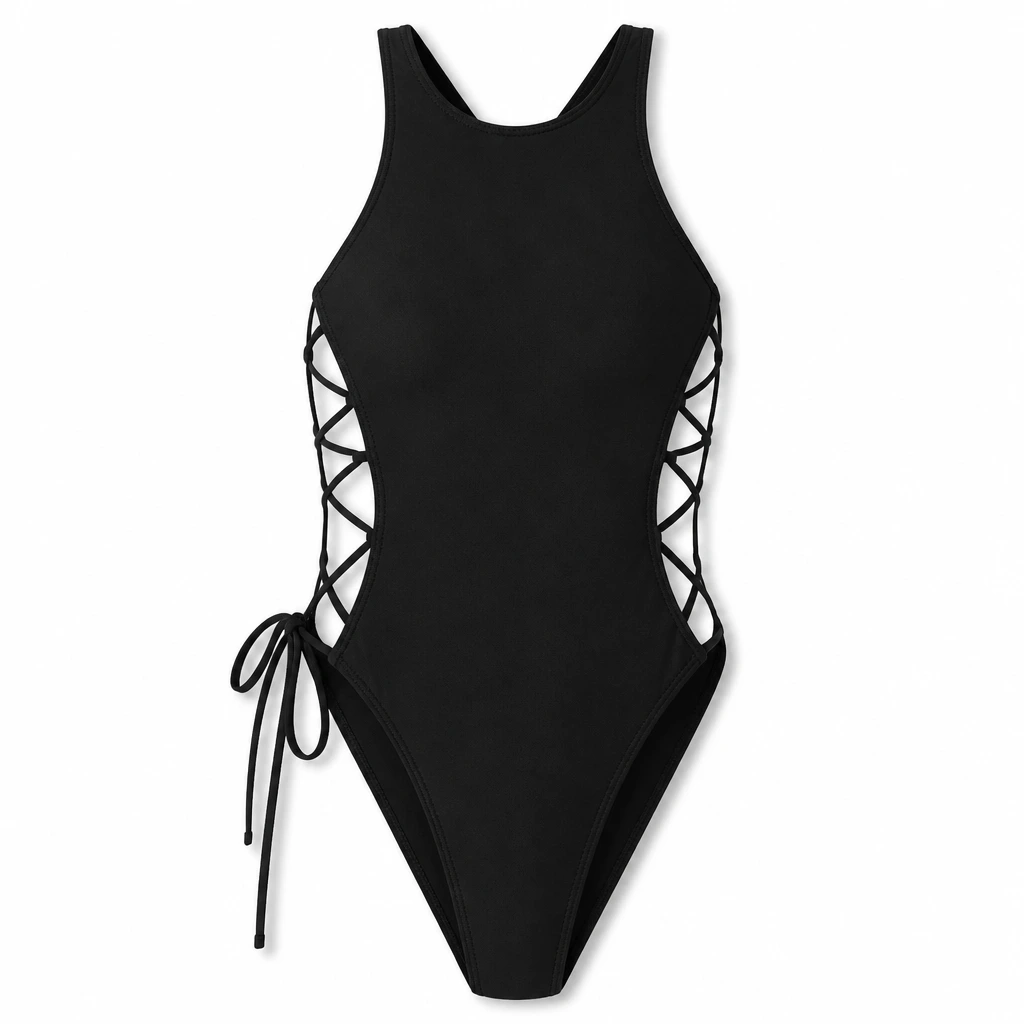The Reserve Collection A2Z Lace-up One Piece Bikini Black front view for custom printing