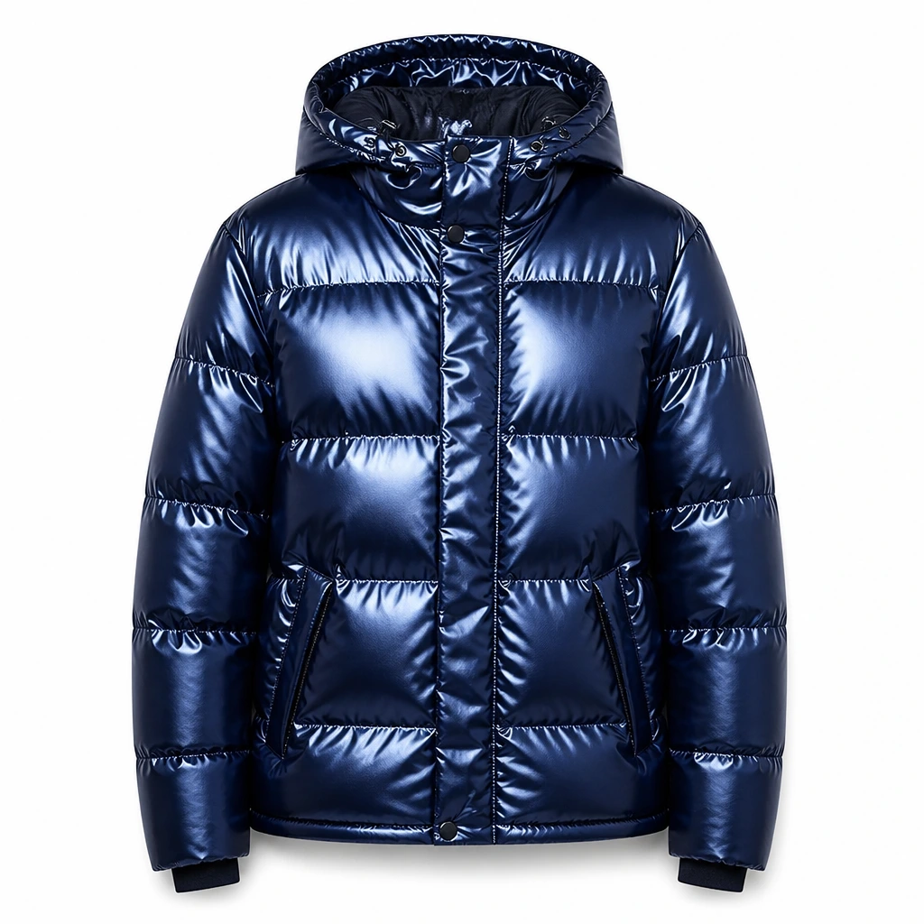The Reserve Collection A2Z Metallic Hooded Puffer Navy front view for custom printing