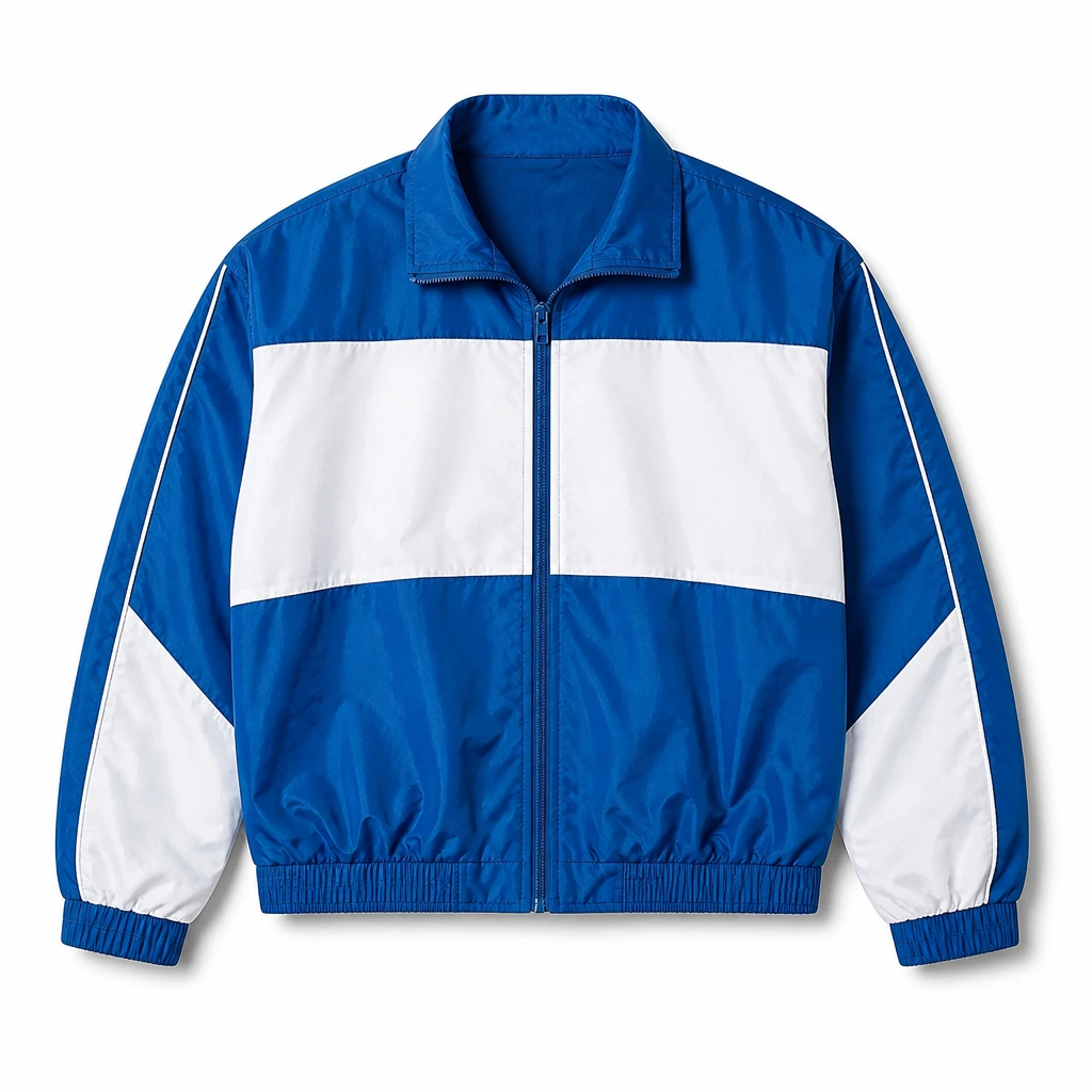 The Reserve Collection BH702 Nylon Biker Boys Boxy Jacket Royal/White front view for custom printing
