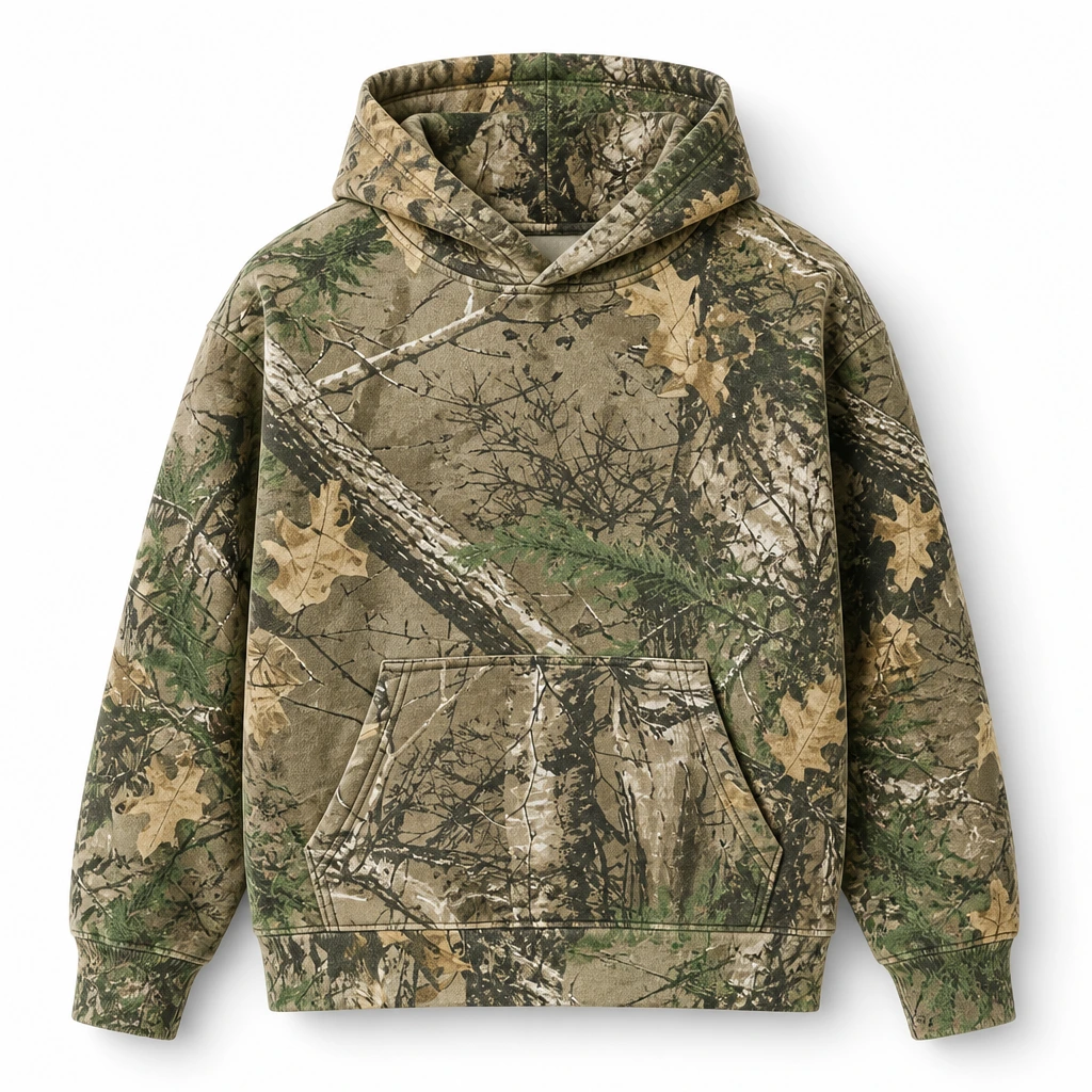 The Reserve Collection BH203 Woodlands Camo Boxy Hoodie Green Camo front view for custom printing