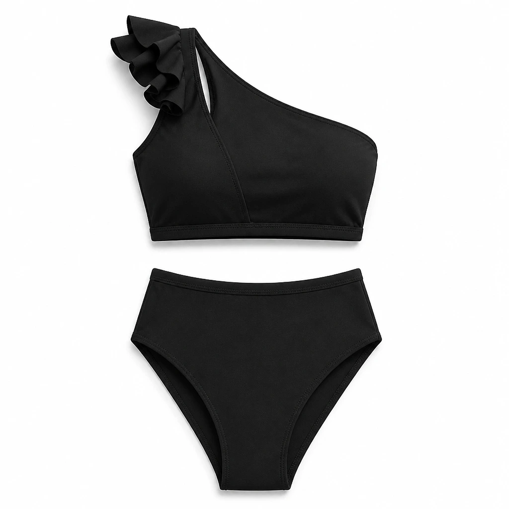 The Reserve Collection A2Z Ruffle Trim One Shoulder Bikini Black front view for custom printing