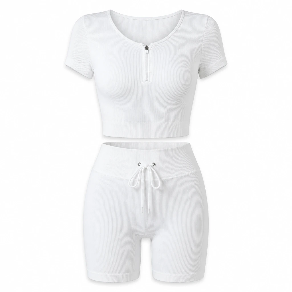 Ladies Quarter Zip Short Sleeve Yoga Set White front view for custom printing