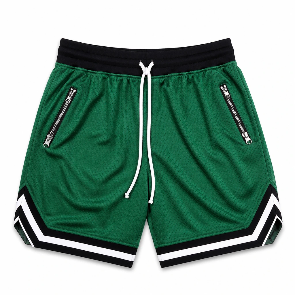Zipper Pocket Basketball Shorts Pine green front view for custom printing