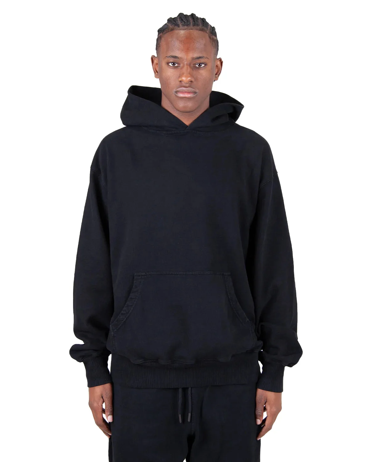 13.5 Oz. Los Angeles Garment Dye Fleece Hoodie Black front view for custom printing