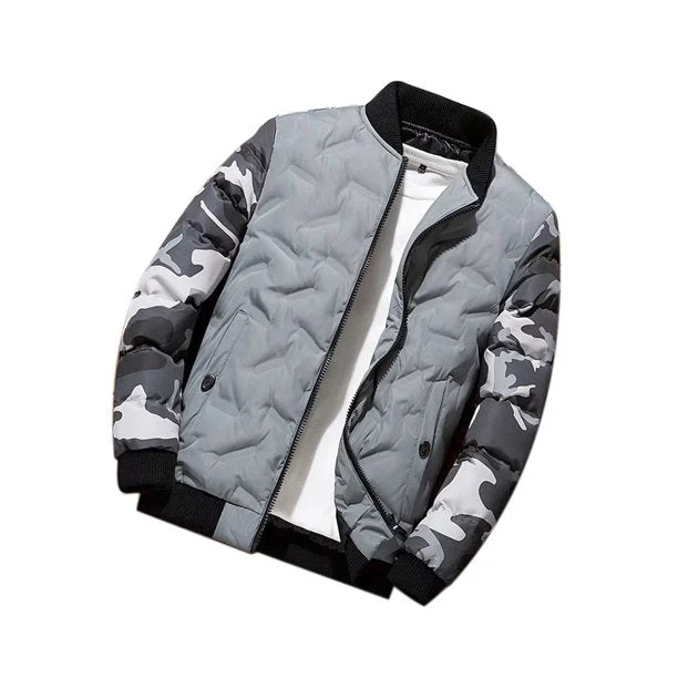 The Reserve Collection BH2404 A2Z Men's Camo Sleeve Quilted Bomber Jacket Gray Camo front view for custom printing