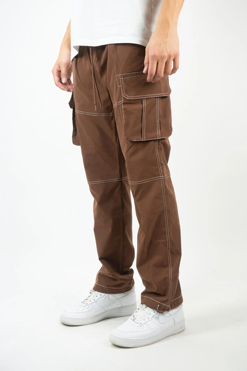 Contrast Stitching Cargo Nylon Pants Brown front view for custom printing