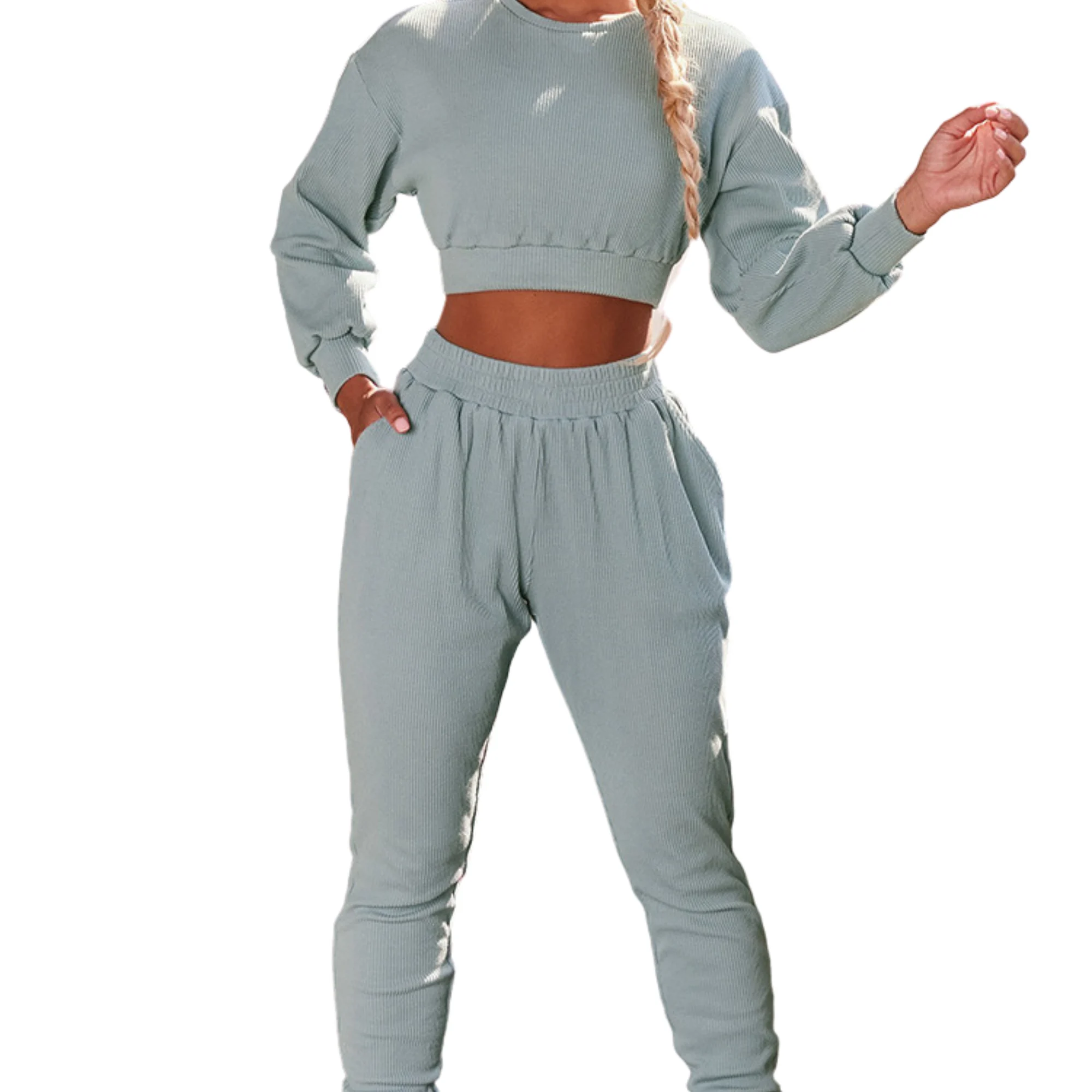 The Reserve Collection BH4012 Ladies Crewneck Ribbed Sweatsuit Soft Blue front view for custom printing