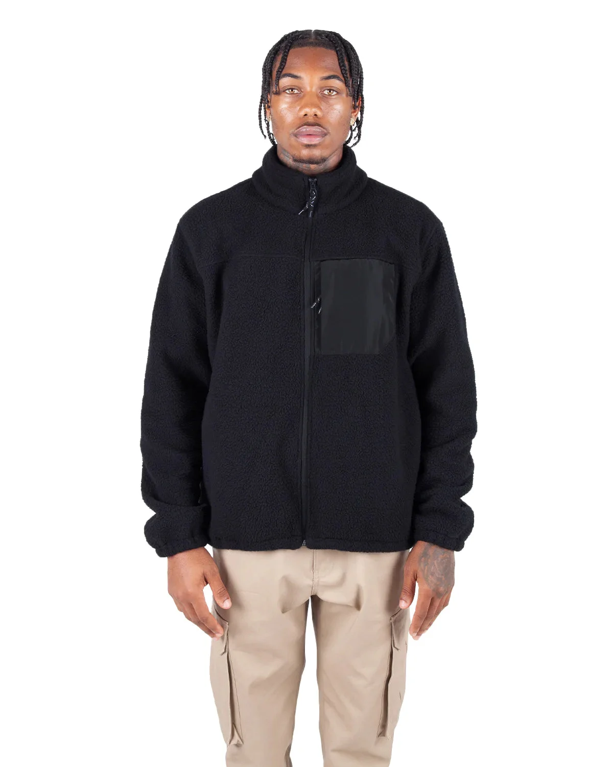 The Reserve Collection SHSJKT Sherpa Jacket Black front view for custom printing