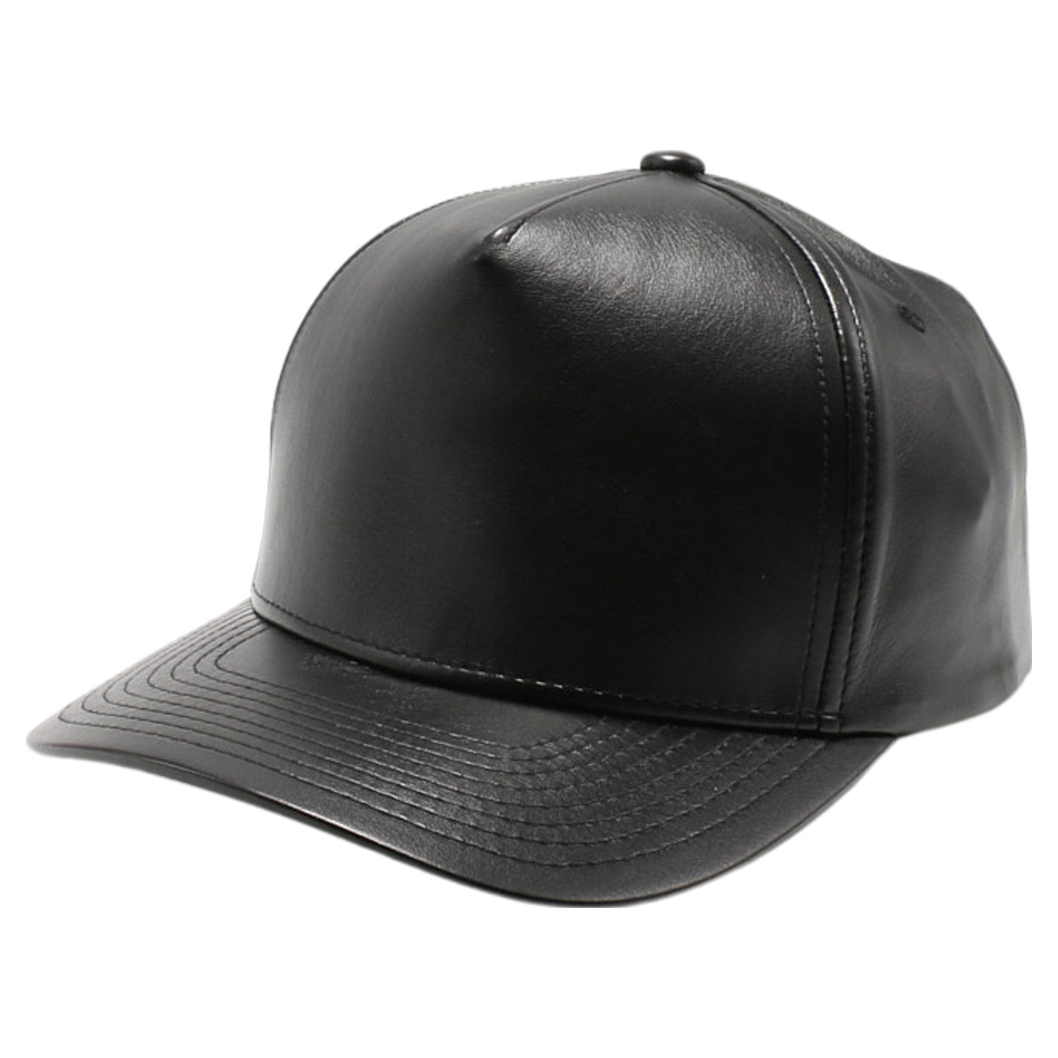 5 Panel PU Snapback BLACK front view for custom printing