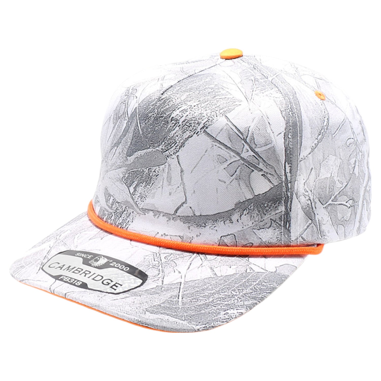 5 Panel Tree Camo Unstructured Rope WHITE T. CAMO front view for custom printing
