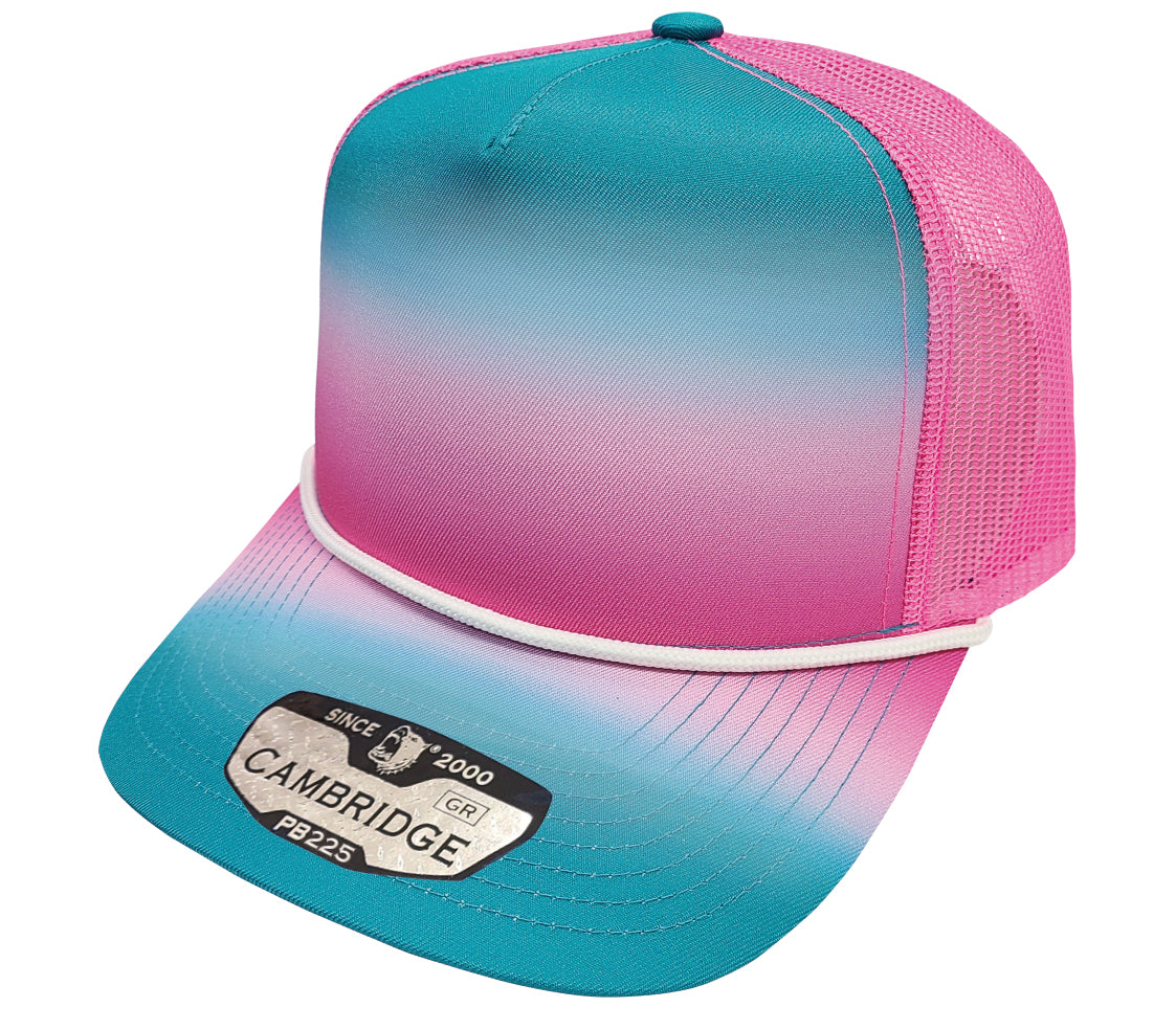 5 Panel Gradation Trucker Rope MINT/PINK front view for custom printing