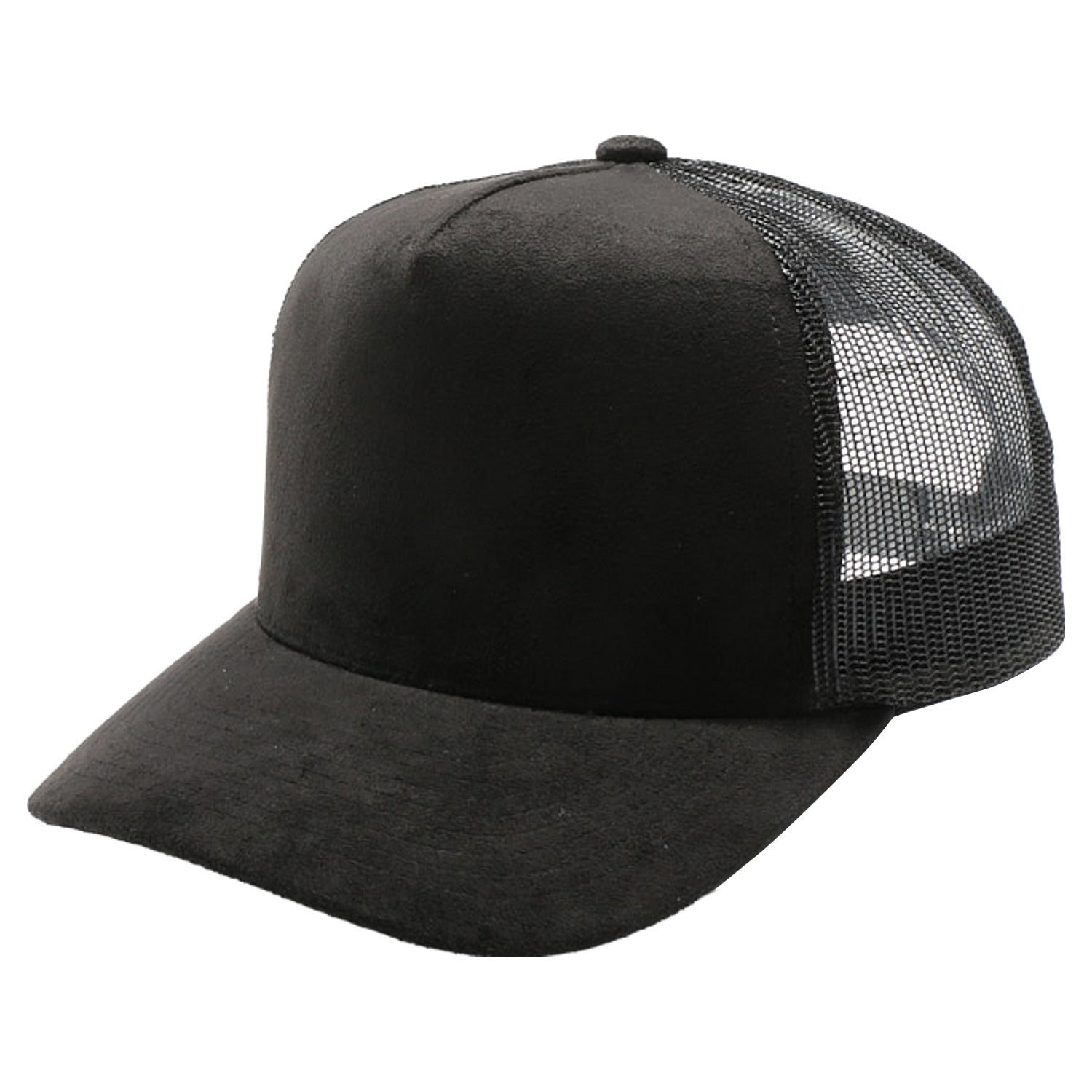 5 Panel Suede Meshback BLACK front view for custom printing