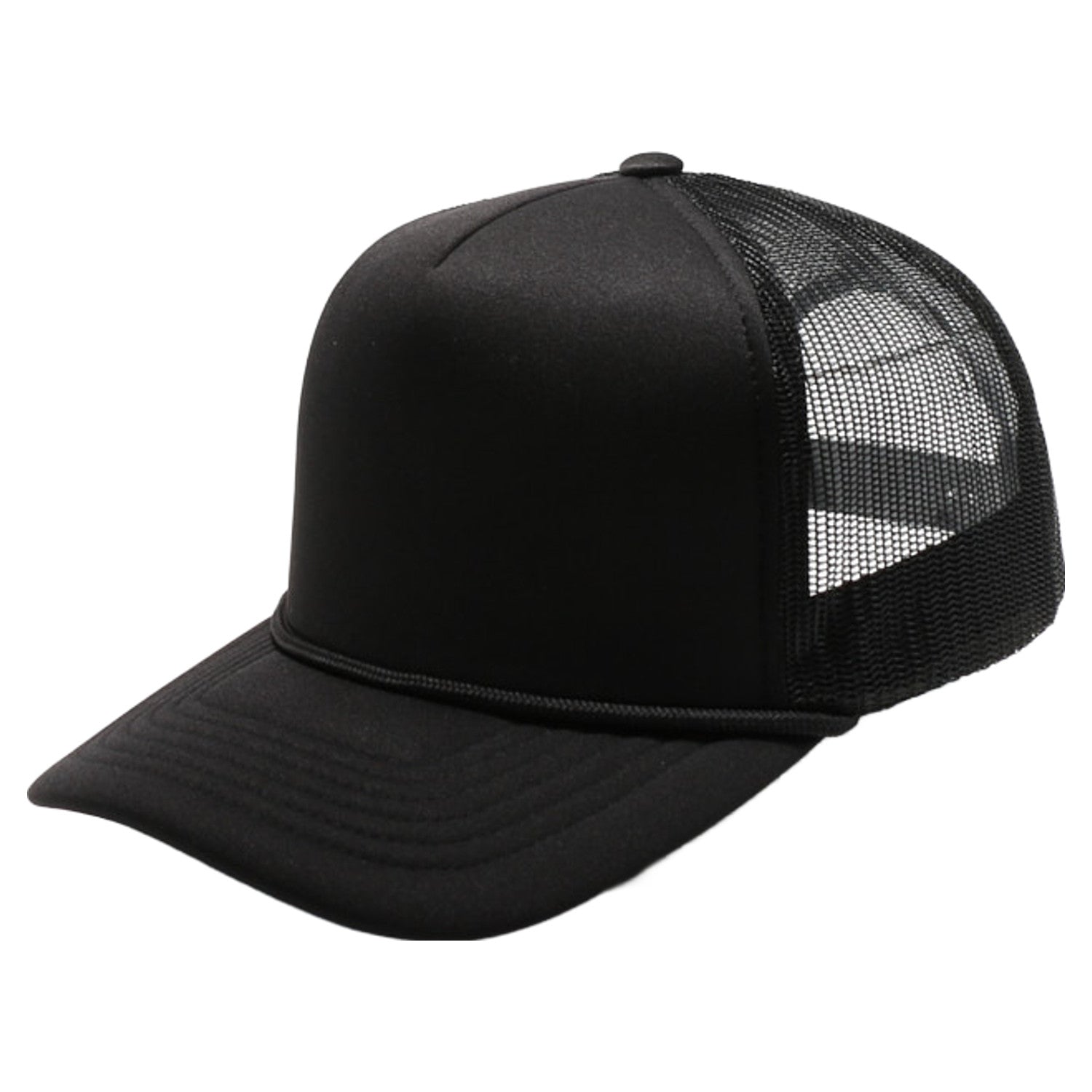 5 Panel Sponge Trucker BLACK front view for custom printing