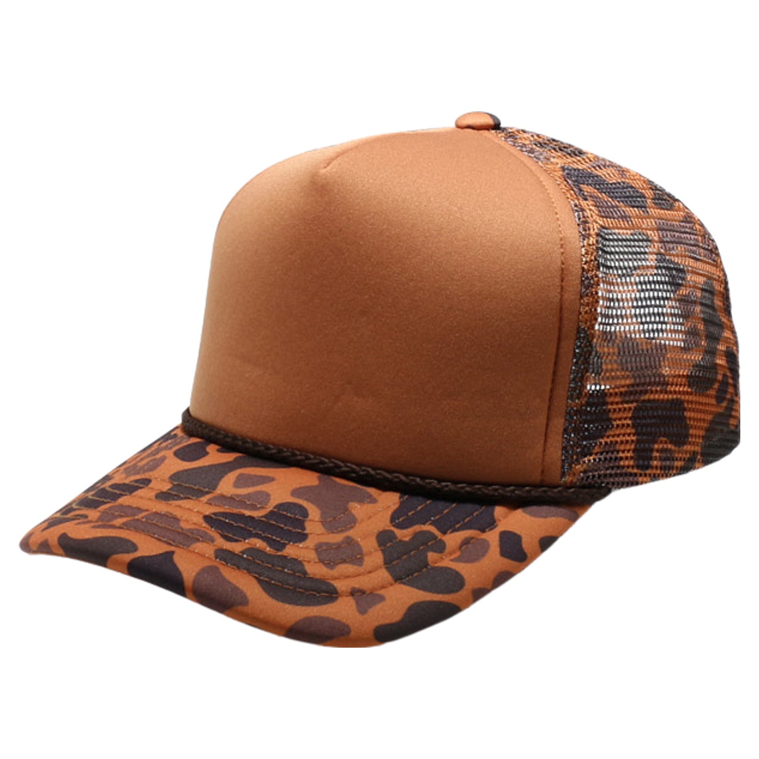 5 Panel Old School Camo Sponge Trucker WHEAT front view for custom printing