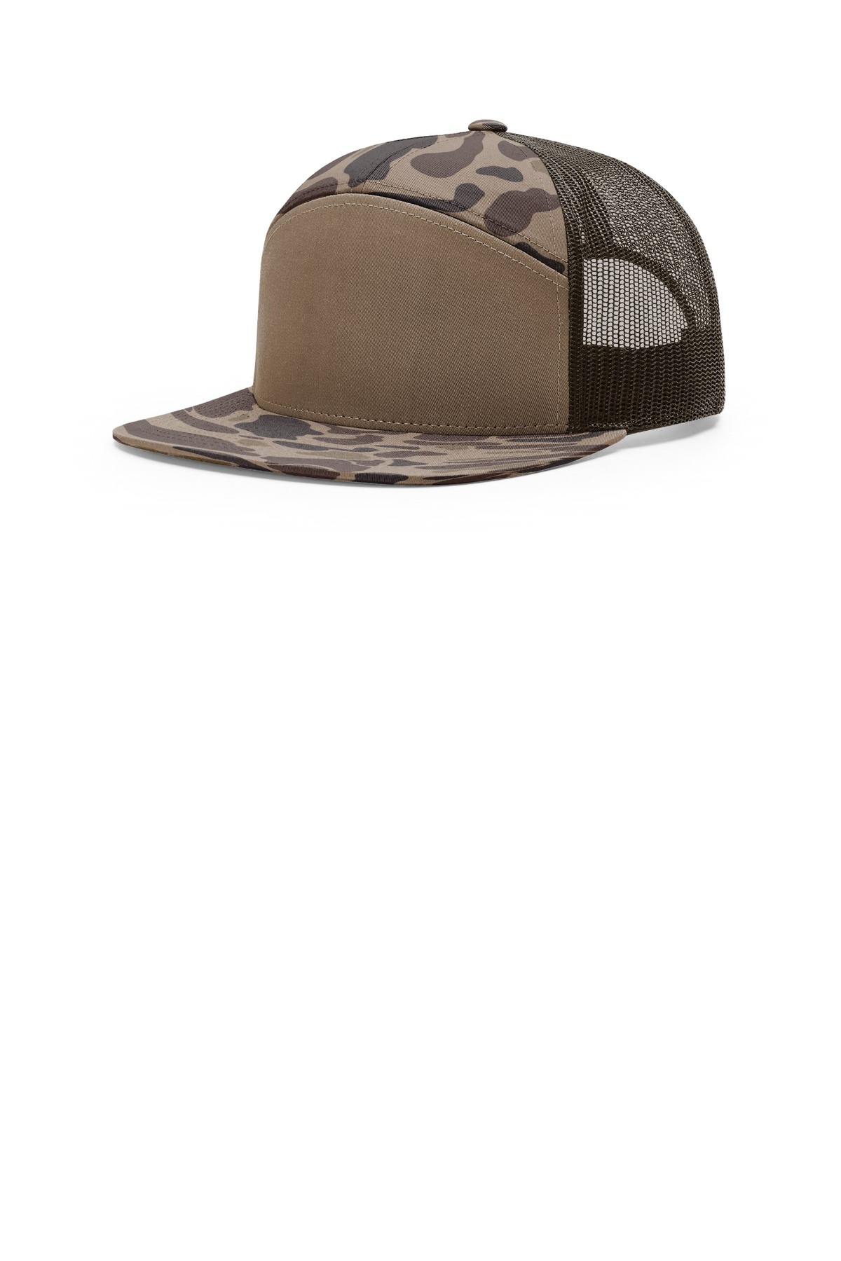 Printed 7-Panel Trucker Bark Duck Camo/ Brown front view for custom printing