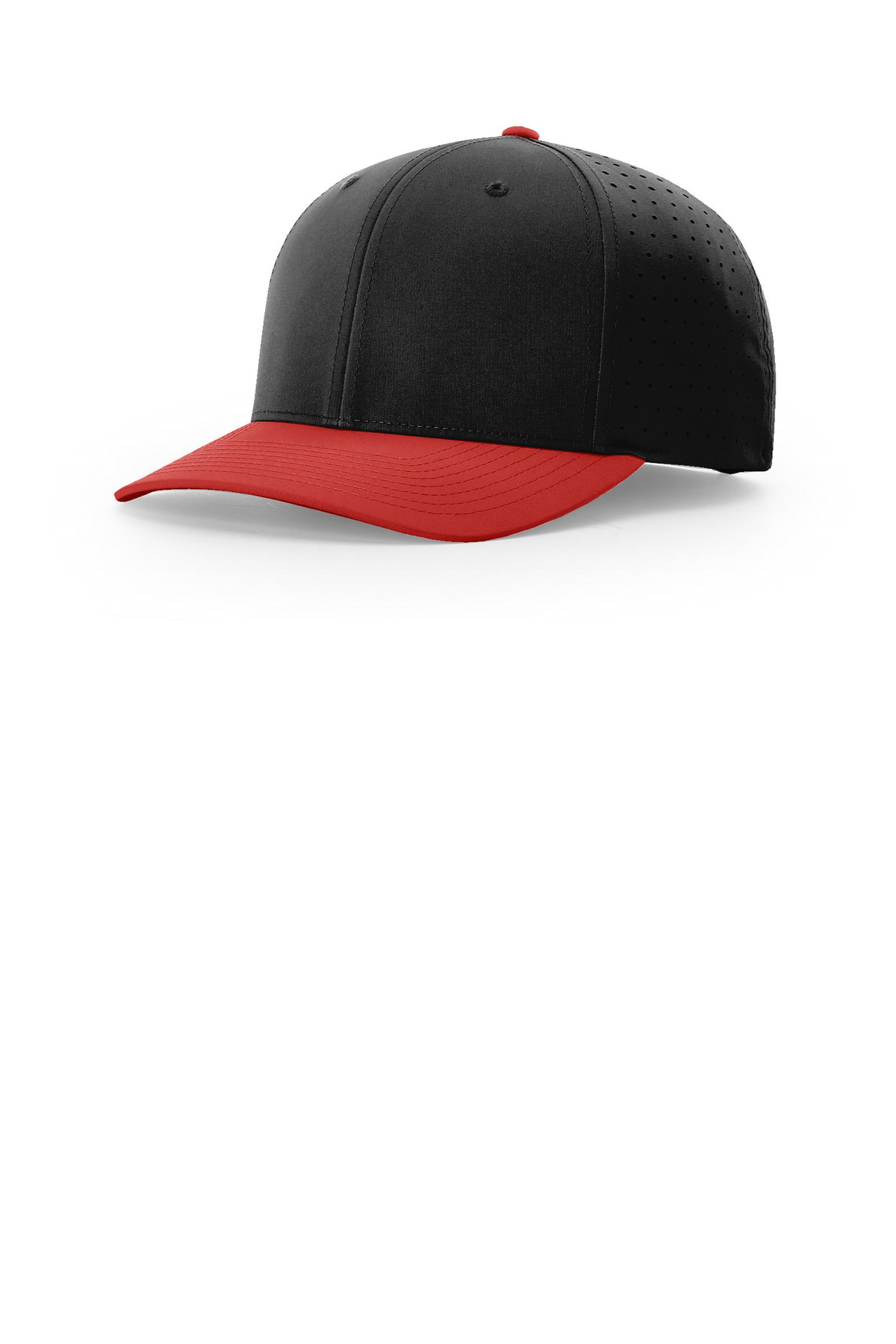 Laser Perf R-Flex Snapback Black/ Black/ Red front view for custom printing