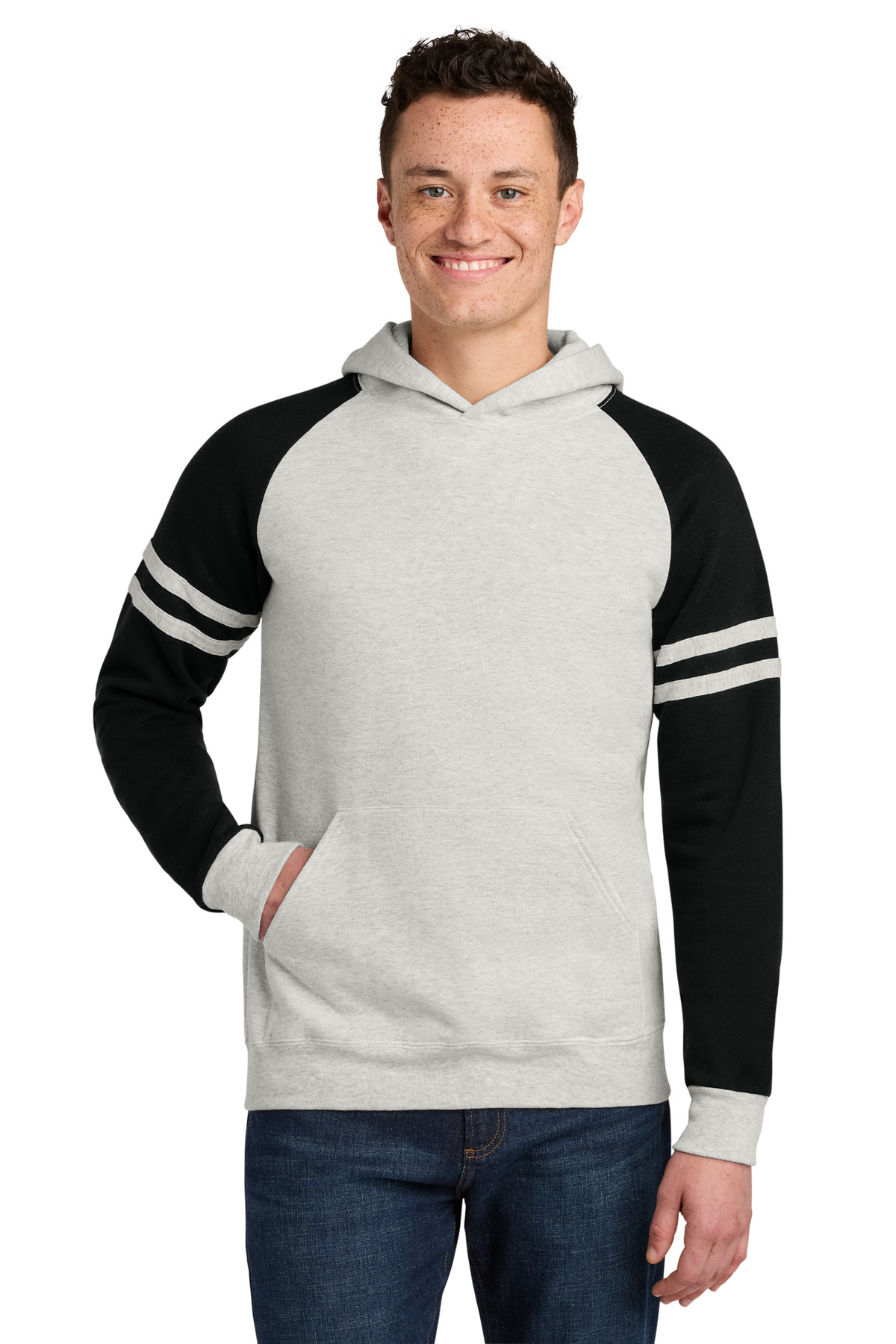 Unisex NuBlend Varsity Colorblock Hooded Sweatshirt Oatmeal Heather/ Black Ink front view for custom printing