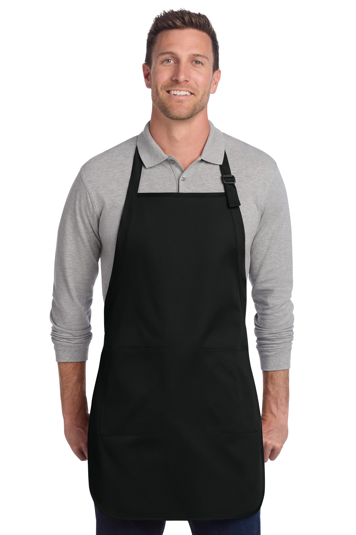 Full-Length Two-Pocket Bib Apron Black front view for custom printing